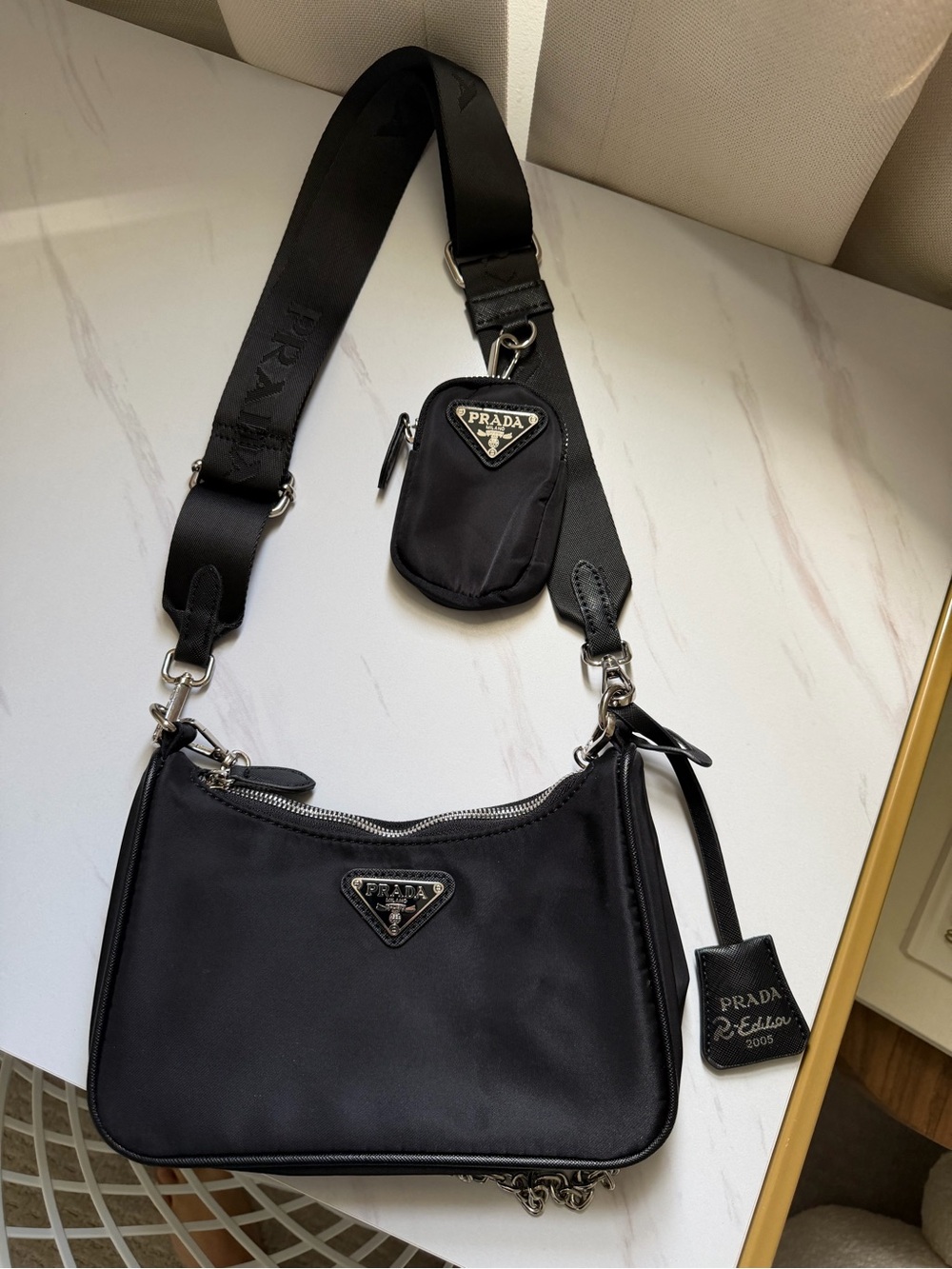 Prada Black Nylon Shoulder Bag with Detachable Mini Pouch